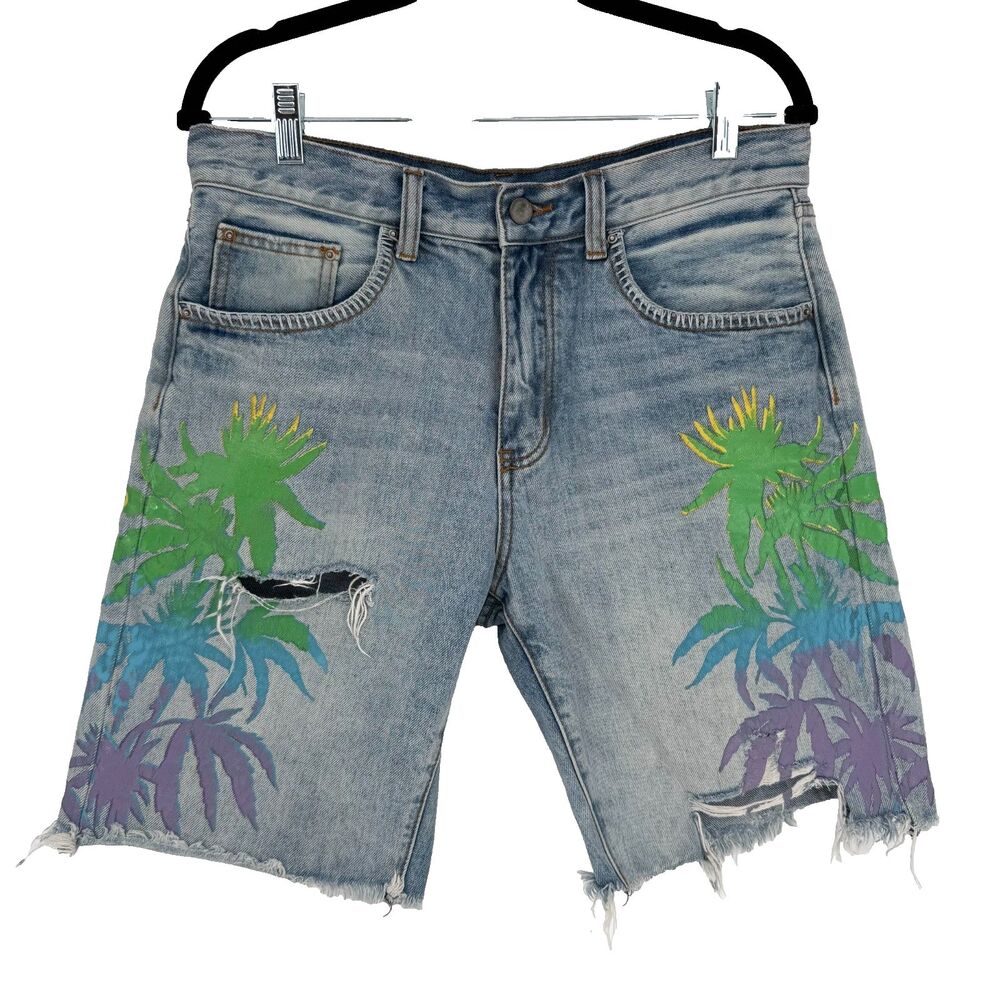 MNML R468 Palm Denim Jean Shorts Light Wash Distressed Granny Square Size 31